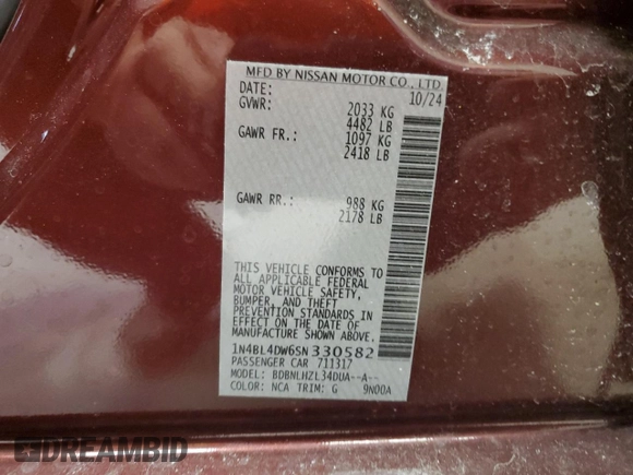 2025 Nissan Altima SV with VIN 1N4BL4DW6SN330582, listed as a Copart auction lot 44398095 with 1,982 mi miles and Non Repairable. Bid and sale history available at DreamBid. Image 12.