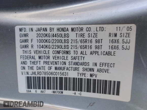 2006 Honda CR-V LX z VIN JHLRD78506C015631, wystawiony jako IAAI lot #41978437 z przebiegiem 109 528 mil mil oraz . Historia ofert i sprzedaży dostępna na DreamBid. Obrazek 9.