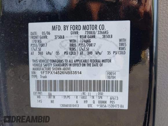 2006 Ford F-150 XLT с VIN 1FTPX14526NB53514, выставлен на аукционе IAAI как лот 42481538 с пробегом 175 547 миль миль и . История ставок и продаж доступна на DreamBid. Изображение 9.