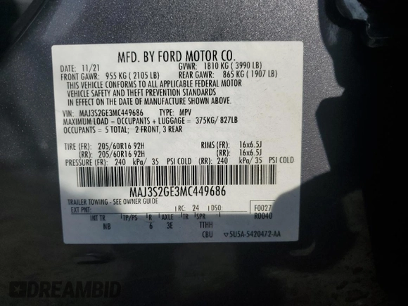 2021 Ford EcoSport SE with VIN MAJ3S2GE3MC449686, listed as a Copart auction lot 47084515 with 46,746 mi miles and Salvage Title. Bid and sale history available at carsss.com. Image 16.