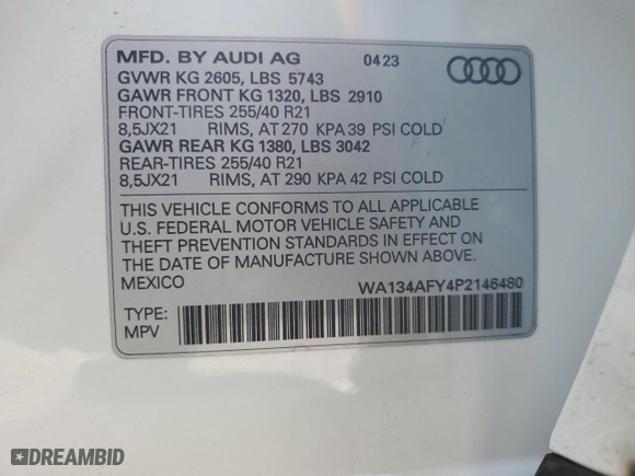 2023 Audi SQ5 Sportback Prestige with VIN WA134AFY4P2146480, listed as a Copart auction lot 45367375 with NaN miles and Salvage Title. Bid and sale history available at carsss.com. Image 15.