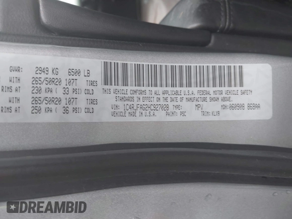 2017 Jeep Grand Cherokee Laredo with VIN 1C4RJFAG2HC927028, listed as a IAAI auction lot 41998255 with 109,569 mi miles and . Bid and sale history available at DreamBid. Image 9.
