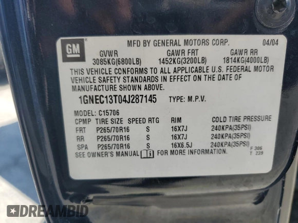2004 Chevrolet Tahoe LS with VIN 1GNEC13T04J287145, listed as a Copart auction lot 59340645 with 179,743 mi miles and Salvage title. Bid and sale history available at DreamBid. Image 13.