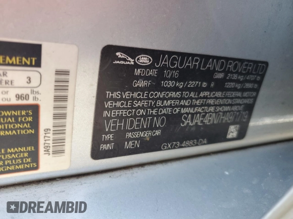 2017 Jaguar XE with VIN SAJAE4BN7HA971719, listed as a Copart auction lot 43630865 with 93,434 mi miles and Salvage Title. Bid and sale history available at DreamBid. Image 12.