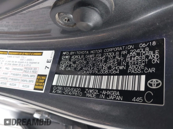 2018 Toyota Prius Plus with VIN JTDKARFPXJ3087064, listed as a IAAI auction lot 41433495 with 118,298 mi miles and . Bid and sale history available at DreamBid. Image 9.