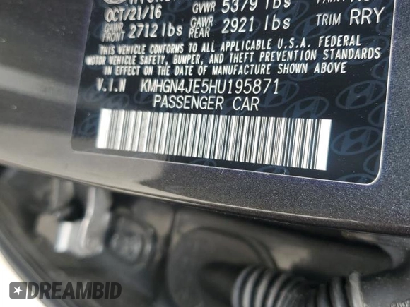 2017 Genesis G80 3.8L with VIN KMHGN4JE5HU195871, listed as a Copart auction lot 55962605 with 120,346 mi miles and Salvage title. Bid and sale history available at DreamBid. Image 12.