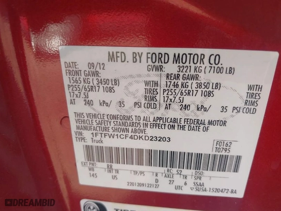2013 Ford F-150 XL with VIN 1FTFW1CF4DKD23203, listed as a IAAI auction lot 41396042 with 226,685 mi miles. Bid and sale history available at carsss.com. Image 9.