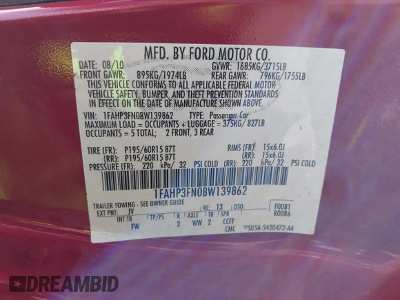 2011 Ford Focus SE with VIN 1FAHP3FN0BW139862, listed as a IAAI auction lot 41906585 with 56,774 mi miles. Bid and sale history available at carsss.com. Image 9.