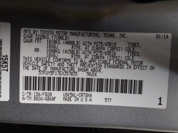 2014 Toyota Tundra 4WD Truck SR with VIN 5TFUY5F17EX357035, listed as a IAAI auction lot 39928076 with 129,831 mi miles. Bid and sale history available at carsss.com. Image 9.