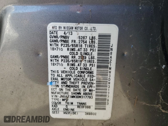 2013 Nissan Murano SV with VIN JN8AZ1MW3DW317793, listed as a Copart auction lot 51010655 with 81,295 mi miles and Clean Title. Bid and sale history available at carsss.com. Image 14.