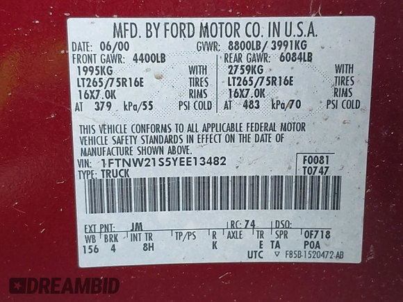 2000 Ford F-250 XL with VIN 1FTNW21S5YEE13482, listed as a IAAI auction lot 42418740 with 143,919 mi miles and . Bid and sale history available at DreamBid. Image 9.