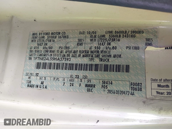 2005 Ford Econoline Cargo with VIN 1FTNE24L55HA37593, listed as a IAAI auction lot 41448776 with Not Provided miles. Bid and sale history available at carsss.com. Image 9.
