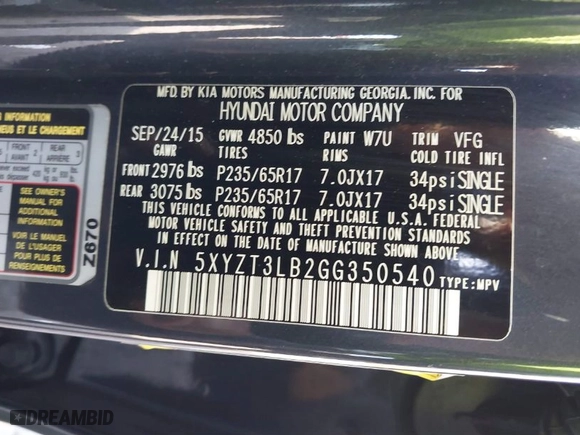 2016 Hyundai Santa Fe Sport with VIN 5XYZT3LB2GG350540, listed as a IAAI auction lot 41421201 with 227,924 mi miles. Bid and sale history available at carsss.com. Image 9.