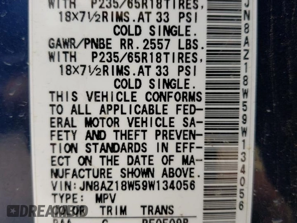 2009 Nissan Murano SL with VIN JN8AZ18W59W134056, listed as a Copart auction lot 66243024 with 129,427 mi miles and Salvage Title. Bid and sale history available at carsss.com. Image 16.