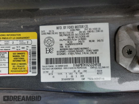 2016 Ford Mustang EcoBoost with VIN 1FA6P8TH1G5324938, listed as a Copart auction lot 60058505 with Not provided miles and Salvage title. Bid and sale history available at DreamBid. Image 12.