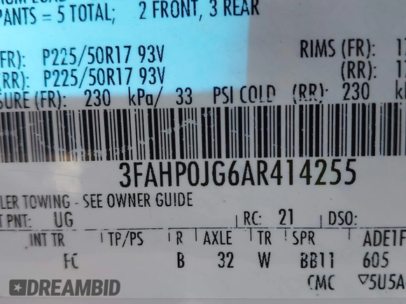 2010 Ford Fusion SEL with VIN 3FAHP0JG6AR414255, listed as a IAAI auction lot 42074036 with 184,896 mi miles. Bid and sale history available at carsss.com. Image 9.
