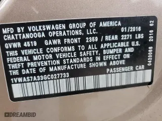2016 Volkswagen Passat 1.8T S with VIN 1VWAS7A33GC027733, listed as a Copart auction lot 44384845 with 128,656 mi miles and Salvage Title. Bid and sale history available at carsss.com. Image 14.