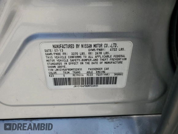 2013 Infiniti G37 Journey with VIN JN1CV6AP8DM722931, listed as a Copart auction lot 57911775 with 104,910 mi miles and Salvage title. Bid and sale history available at DreamBid. Image 12.