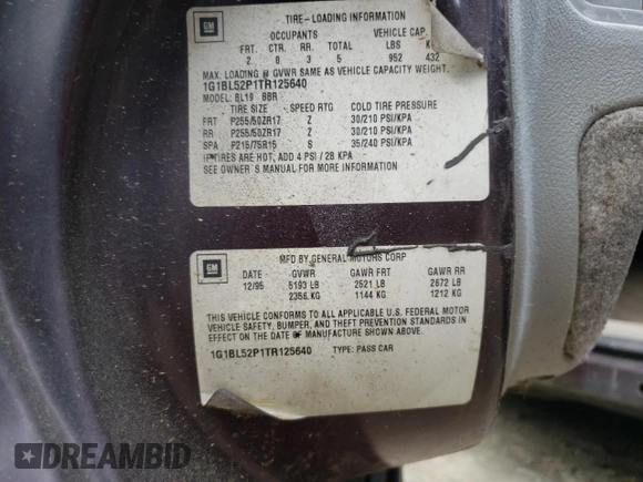 1996 Chevrolet Caprice 1SA Special Value with VIN 1G1BL52P1TR125640, listed as a Copart auction lot 53086055 with Not Provided miles and Salvage Title. Bid and sale history available at DreamBid. Image 14.