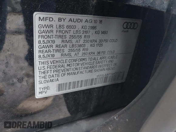 2017 Audi Q7 Premium Plus with VIN WA1LAAF78HD033413, listed as a IAAI auction lot 42188781 with Not provided miles and . Bid and sale history available at DreamBid. Image 9.