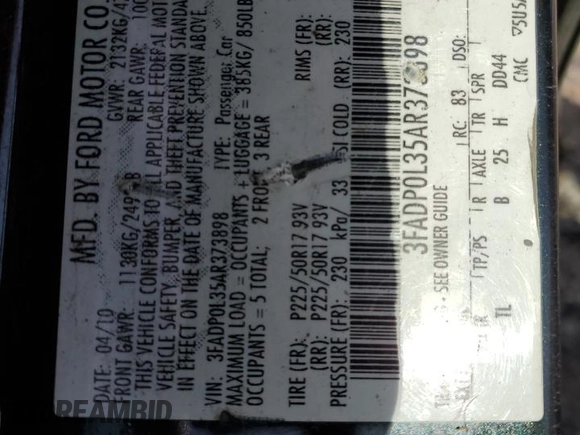 2010 Ford Fusion Hybrid with VIN 3FADP0L35AR373898, listed as a Copart auction lot 51357695 with 187,239 mi miles and Non Repairable. Bid and sale history available at carsss.com. Image 12.