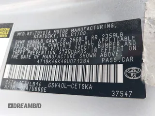 2008 Toyota Camry LE with VIN 4T1BK46K48U071284, listed as a IAAI auction lot 41920915 with 235,474 mi miles. Bid and sale history available at carsss.com. Image 9.