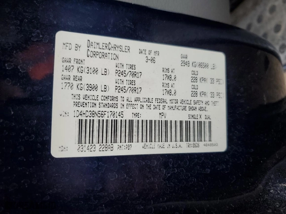 2006 Dodge Durango SXT with VIN 1D4HD38N56F170145, listed as a Copart auction lot 45421815 with 0 mi miles and Salvage Title. Bid and sale history available at carsss.com. Image 14.