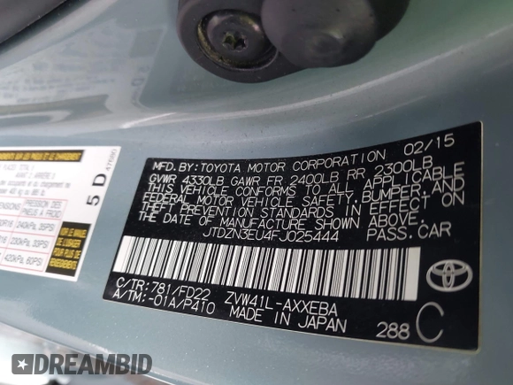 2015 Toyota Prius Two with VIN JTDZN3EU4FJ025444, listed as a IAAI auction lot 41560418 with 131,531 mi miles and . Bid and sale history available at DreamBid. Image 9.