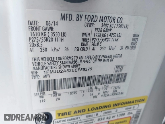2014 Ford Expedition Limited with VIN 1FMJU2A52EEF59375, listed as a IAAI auction lot 42686855 with 189,943 mi miles and . Bid and sale history available at DreamBid. Image 9.