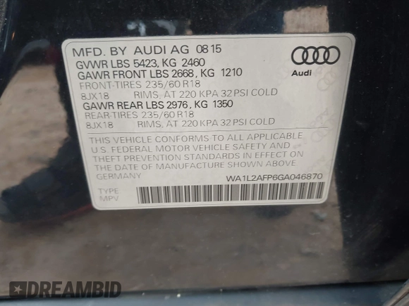 2016 Audi Q5 Premium Plus with VIN WA1L2AFP6GA046870, listed as a IAAI auction lot 41619585 with 167,139 mi miles. Bid and sale history available at carsss.com. Image 9.