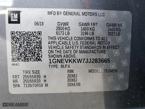 2018 Chevrolet Traverse High Country with VIN 1GNEVKKW7JJ283665, listed as a Copart auction lot 48481955 with 73,788 mi miles and Salvage Title. Bid and sale history available at carsss.com. Image 13.