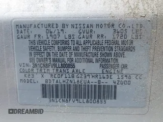 2020 Nissan Versa SR with VIN 3N1CN8FV9LL800855, listed as a IAAI auction lot 42010827 with 64,667 mi miles. Bid and sale history available at carsss.com. Image 9.