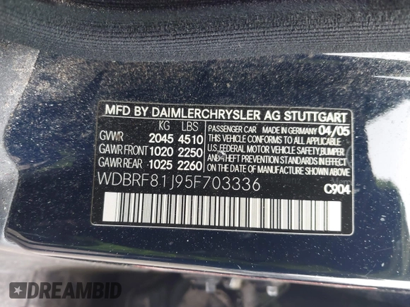 2005 Mercedes-Benz C 240 with VIN WDBRF81J95F703336, listed as a IAAI auction lot 41479955 with 112,569 mi miles and . Bid and sale history available at DreamBid. Image 9.