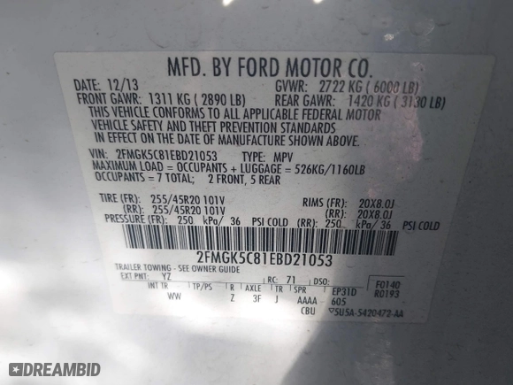 2014 Ford Flex SEL with VIN 2FMGK5C81EBD21053, listed as a IAAI auction lot 41397411 with 179,800 mi miles. Bid and sale history available at carsss.com. Image 9.