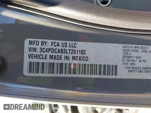 2020 Dodge Journey SE Value with VIN 3C4PDCAB3LT261182, listed as a IAAI auction lot 41644002 with 58,955 mi miles and . Bid and sale history available at carsss.com. Image 9.