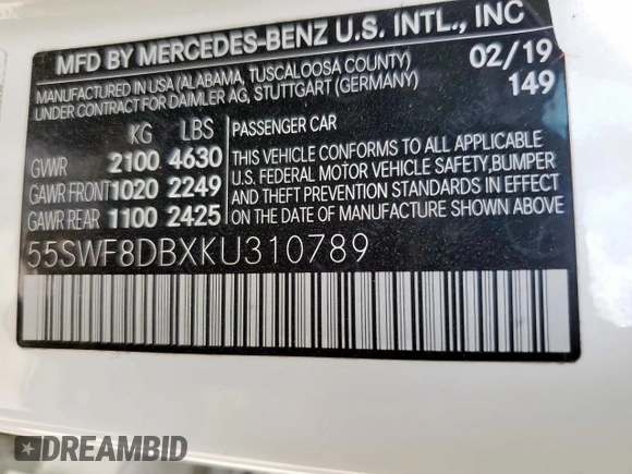 2019 Mercedes-Benz C 300 with VIN 55SWF8DBXKU310789, listed as a Copart auction lot 54862875 with 63,094 mi miles and Salvage Title. Bid and sale history available at DreamBid. Image 13.