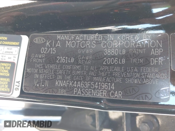 2015 Kia Forte LX with VIN KNAFK4A63F5419614, listed as a IAAI auction lot 42046799 with 117,596 mi miles. Bid and sale history available at carsss.com. Image 9.