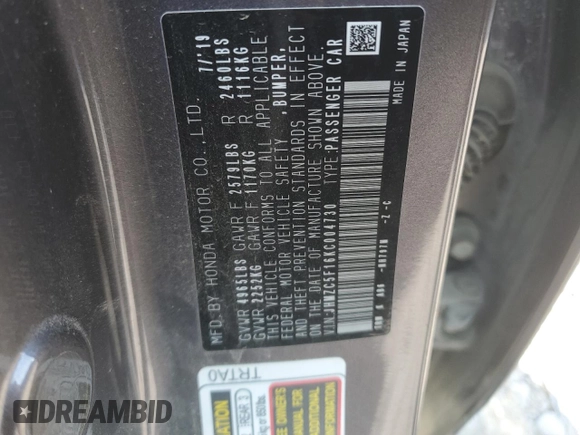 2019 Honda Clarity Plug-In Hybrid with VIN JHMZC5F16KC004730, listed as a Copart auction lot 67488304 with 81,400 mi miles and Salvage Title. Bid and sale history available at carsss.com. Image 13.