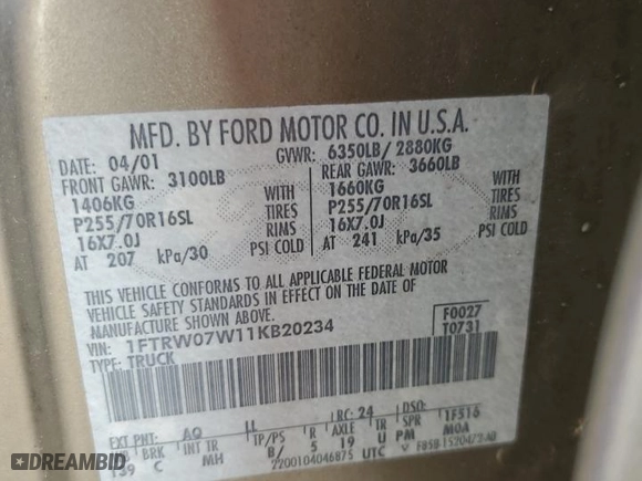 2001 Ford F-150 SuperCrew XLT with VIN 1FTRW07W11KB20234, listed as a Copart auction lot 74679364 with 0 mi miles and Non Repairable. Bid and sale history available at carsss.com. Image 13.
