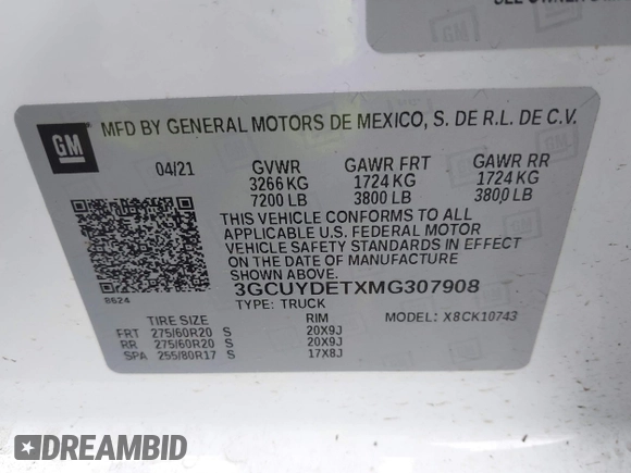2021 Chevrolet Silverado 1500 LT z VIN 3GCUYDETXMG307908, wystawiony jako IAAI lot #41910530 z przebiegiem Nie podano mil oraz . Historia ofert i sprzedaży dostępna na DreamBid. Obrazek 9.