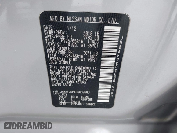 2012 Nissan Quest SL with VIN JN8AE2KPXC9039680, listed as a IAAI auction lot 41914614 with 172,743 mi miles and . Bid and sale history available at carsss.com. Image 9.