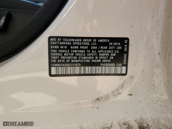 2014 Volkswagen Passat SE w/Sunroof with VIN 1VWBS7A32EC111673, listed as a Copart auction lot 54444255 with 146,068 mi miles and Clean Title. Bid and sale history available at carsss.com. Image 12.