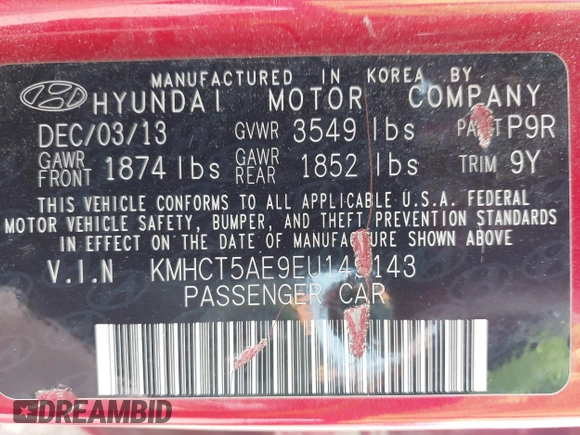 2014 Hyundai Accent GS with VIN KMHCT5AE9EU149143, listed as a IAAI auction lot 42365722 with 130,910 mi miles and . Bid and sale history available at DreamBid. Image 9.