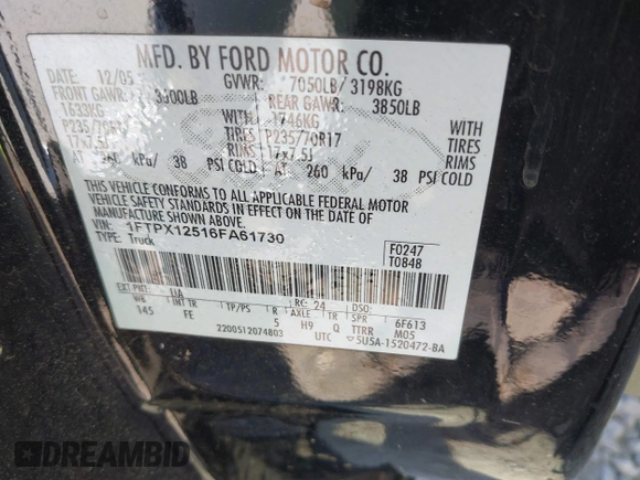 2006 Ford F-150 XLT with VIN 1FTPX12516FA61730, listed as a IAAI auction lot 42034386 with 1 mi miles. Bid and sale history available at carsss.com. Image 9.