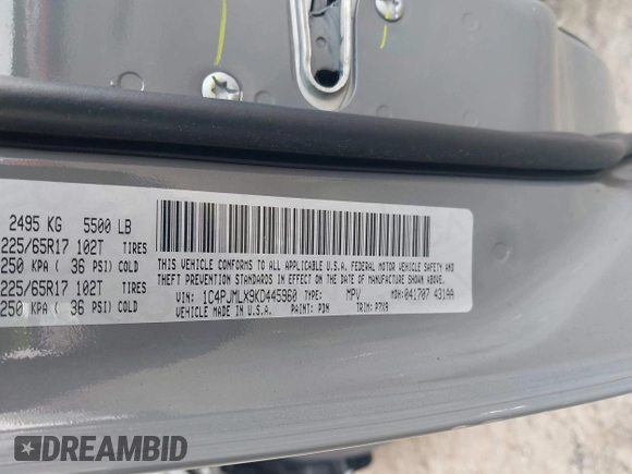 2019 Jeep Cherokee Latitude Plus with VIN 1C4PJMLX9KD445960, listed as a IAAI auction lot 41817194 with 99,194 mi miles and . Bid and sale history available at DreamBid. Image 9.