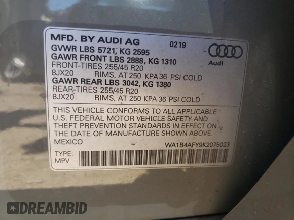2019 Audi SQ5 Premium Plus with VIN WA1B4AFY9K2075023, listed as a Copart auction lot 57609334 with Not Provided miles and Salvage Title. Bid and sale history available at DreamBid. Image 12.