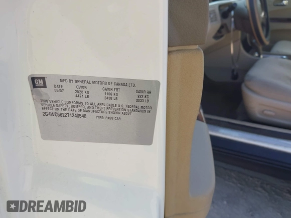 2007 Buick LaCrosse CX with VIN 2G4WC582271243548, listed as a IAAI auction lot 42091174 with Not Provided miles and . Bid and sale history available at DreamBid. Image 9.