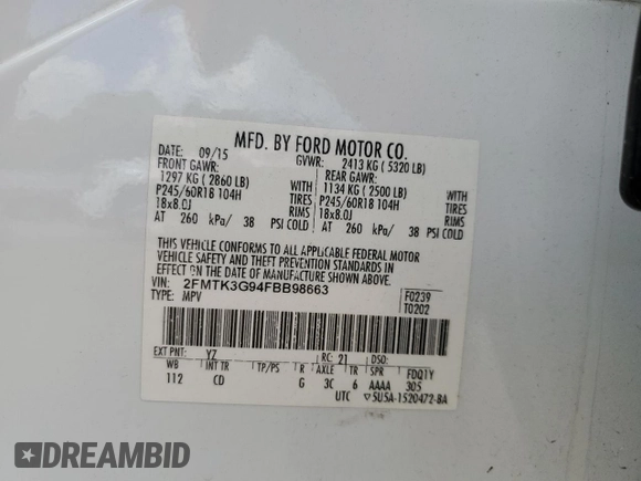 2015 Ford Edge SE with VIN 2FMTK3G94FBB98663, listed as a Copart auction lot 52594845 with 184,775 mi miles and Salvage title. Bid and sale history available at DreamBid. Image 14.