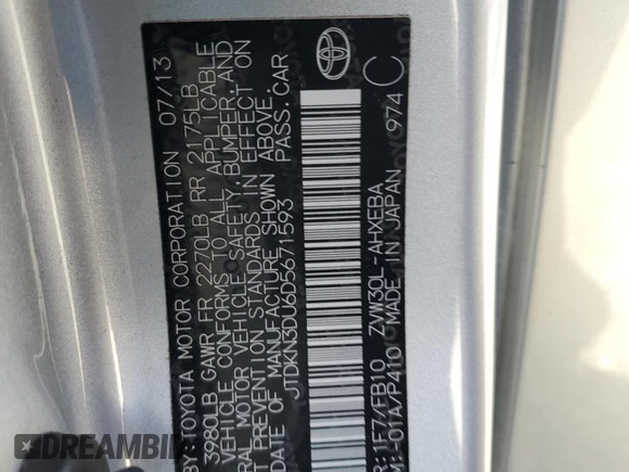 2013 Toyota Prius One with VIN JTDKN3DU6D5671593, listed as a Copart auction lot 46945655 with 139,683 mi miles and Salvage Title. Bid and sale history available at DreamBid. Image 13.