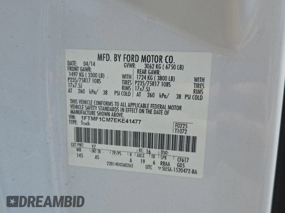 2014 Ford F-150 XL with VIN 1FTMF1CM7EKE41477, listed as a IAAI auction lot 42503239 with 178,239 mi miles and . Bid and sale history available at DreamBid. Image 1.